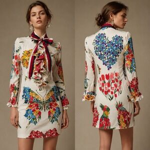 Gucci Silk Floral Butterfly Print Ruffle Bow Mini Dress 434347 Ivory S